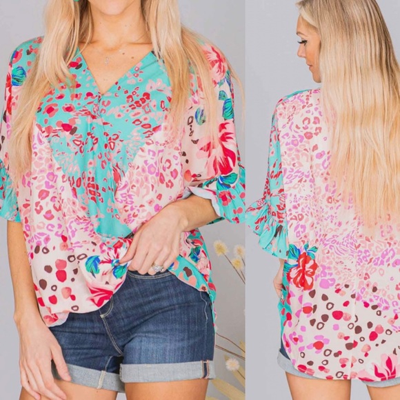Umgee Ruffled Bow Print Notched Blouse main image 0
